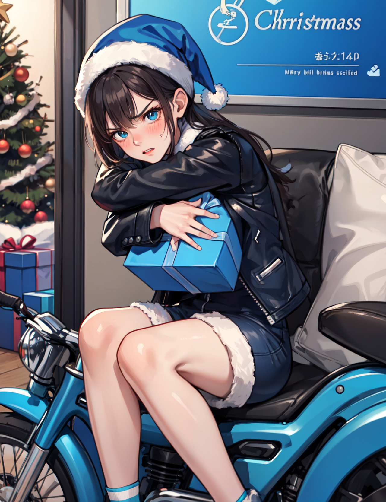 00092-3836266910-masterpiece, best quality, 1lady, hugging a blue gift box, Christmas gift, blue art, angry face, blushes, blue motorcycle, leath.png